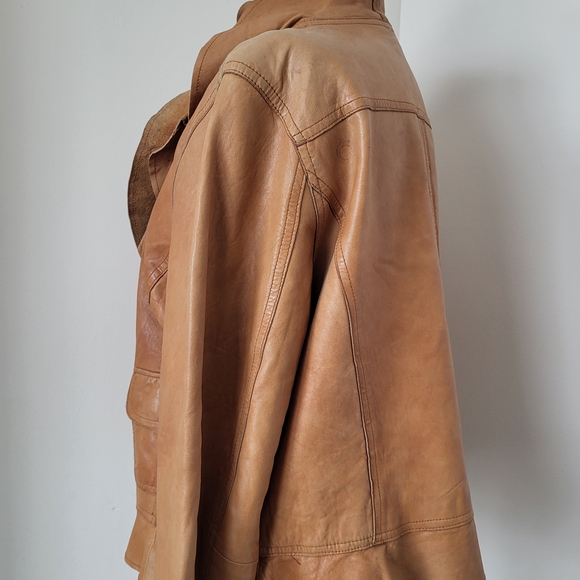 Women's Tan Ruffle Leather Jacket - Picture 12 of 14